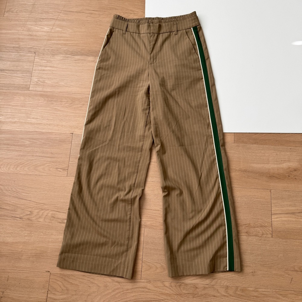Zara Womens Pinstripe Wide Leg Trousers Tan Brown Green Side Stripe Size Small